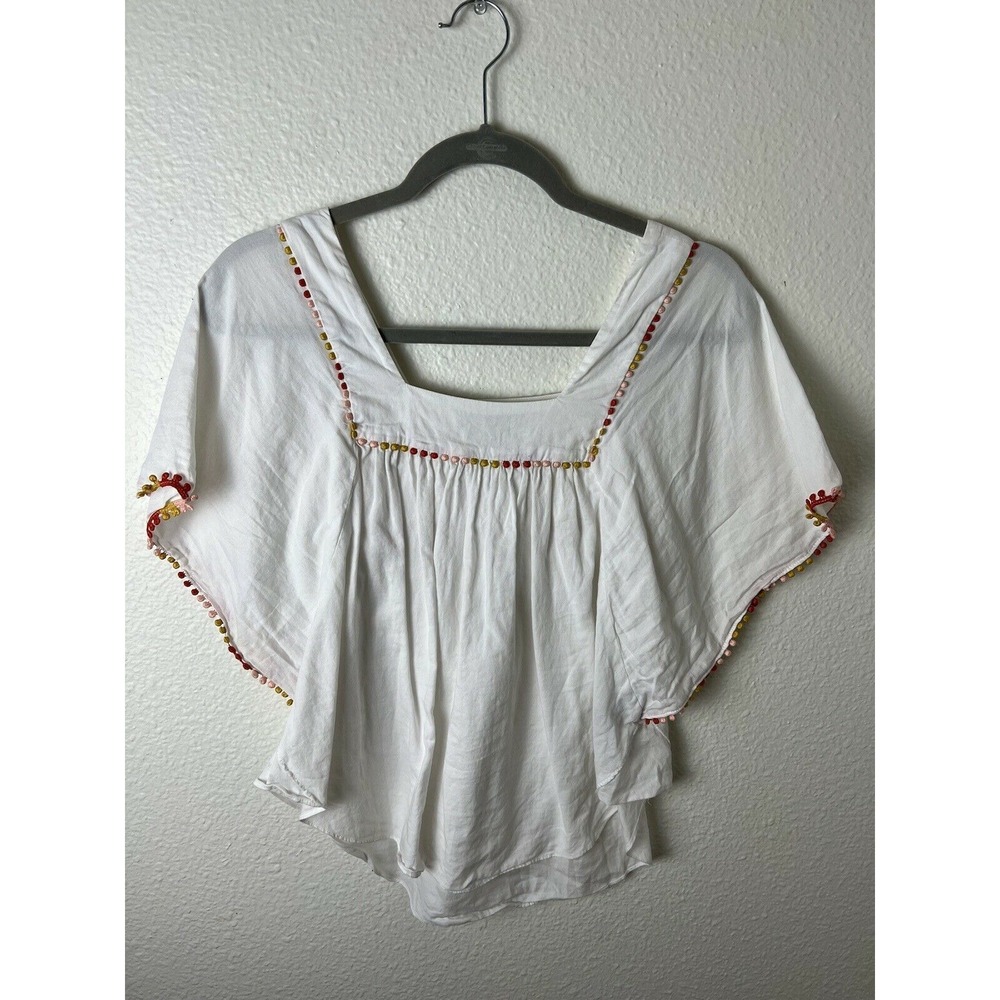 Madewell Pom Pom Butterfly Top H9217 Size XXS Cotton square Neck White